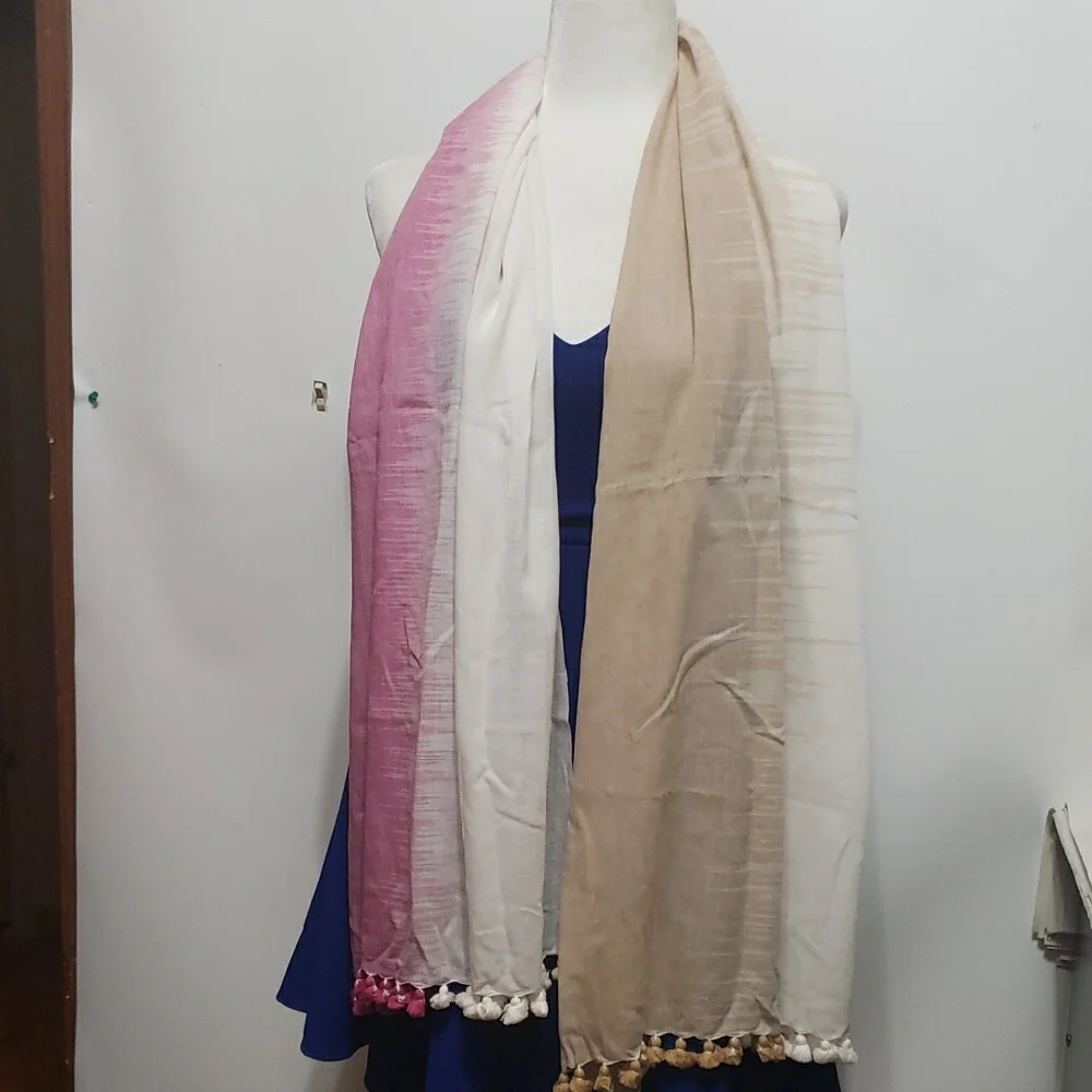 Eileen Fisher Pink and Beige Scarf with Pom‎ Pom Trim